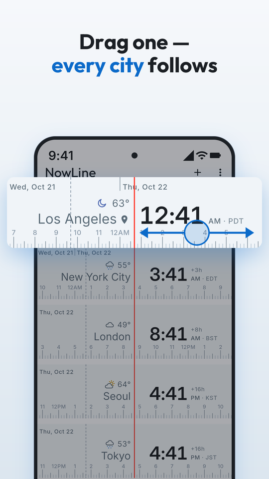 Drag one — every city follows: pulling the Los Angeles timeline moves every clock below it.