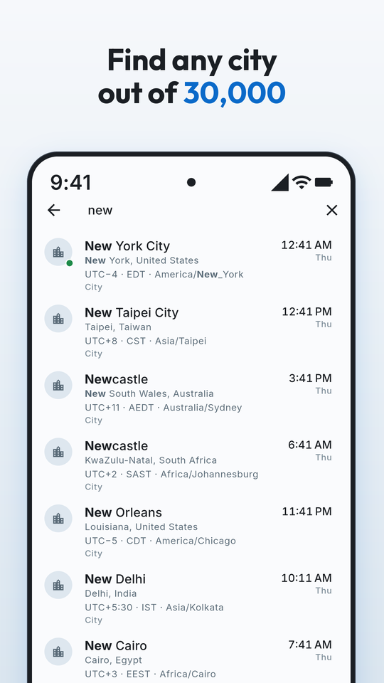 Find any city out of 30,000 — search results for “new”, each with its time, offset and time zone.